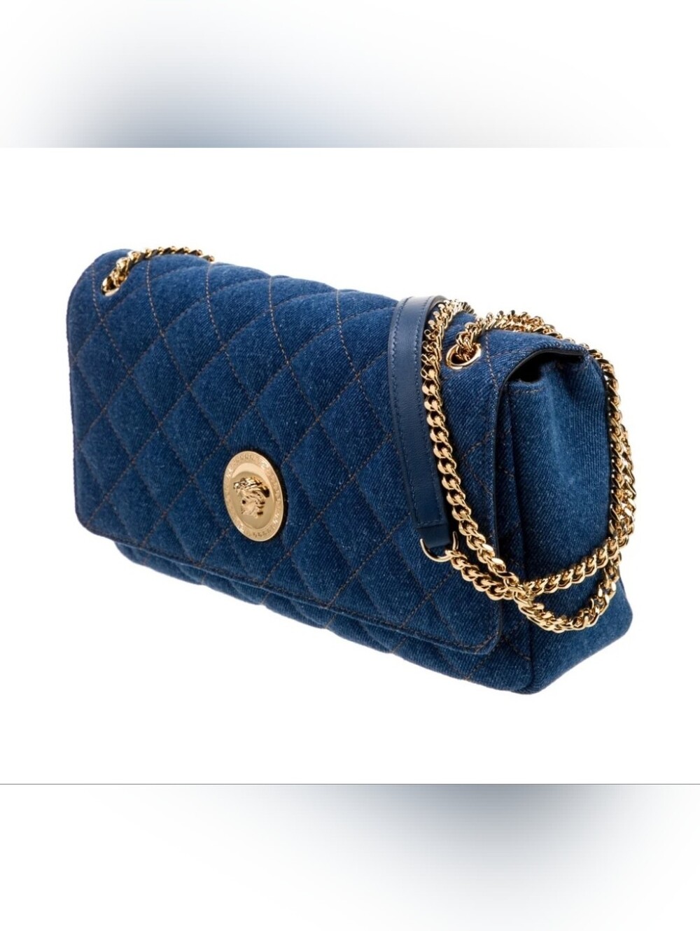 Versace Blue Quilted Denim Leather Crossbody Shoulder Women's Bag
